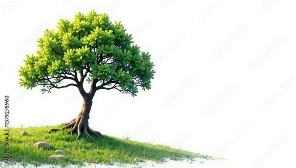 Solitary tree branch extends in isolation on white background, wilderness, landscape, isolated Solitary tree branch extends in isolation on white background, wilderness, landscape, isolated