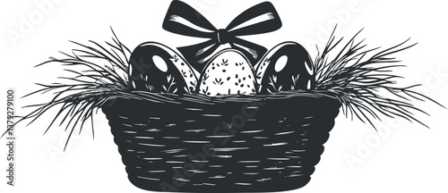 Black and white illustration of an Easter basket with decorated eggs and a ribbon.