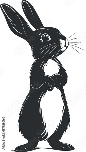 Black and white silhouette of a cute cartoon rabbit standing on hind legs with long ears.