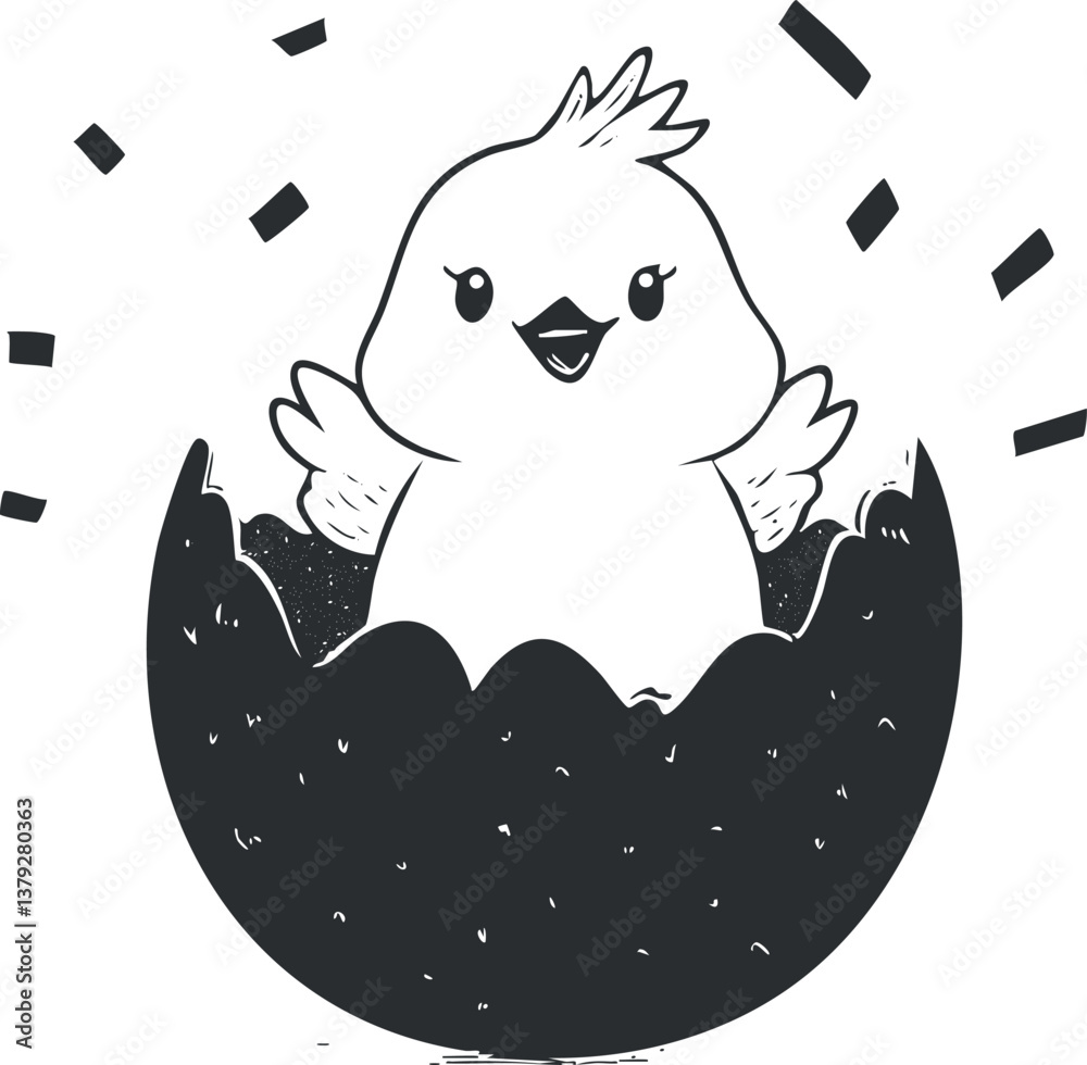 Obraz premium Cute cartoon chick hatching from an egg in black and white illustration.
