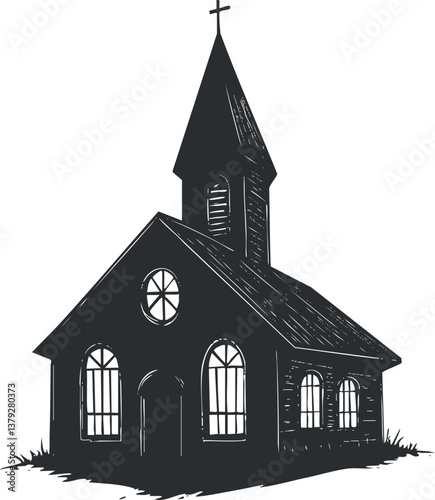 Black silhouette illustration of a traditional church with a steeple and arched windows.