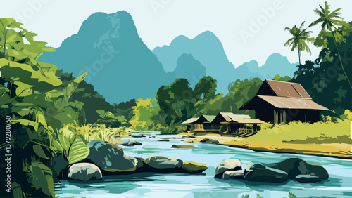 Vang Vien Laos with River and Karst Peaks in Digital Art.eps