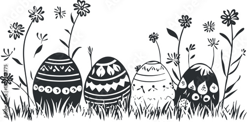 Monochrome illustration of decorated Easter eggs among flowers and grass, symbolizing spring celebration.