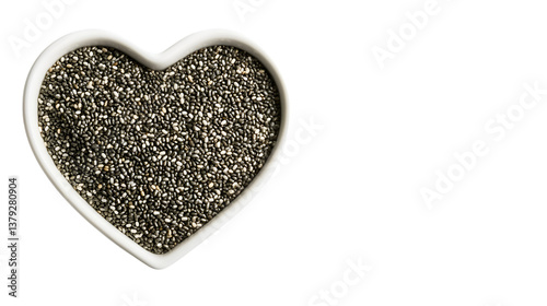 Heart-Shaped Dish Filled with Chia Seeds Isolated on White Background for Healthy Eating Concept