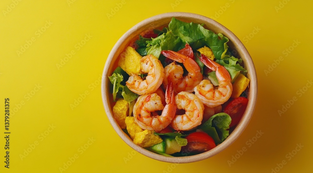 Delicious Shrimp Salad in Bowl with Fresh Ingredients on Yellow Background Delicious Shrimp Salad in Bowl with Fresh Ingredients on Yellow Background
