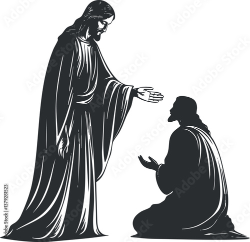 Monochrome illustration of a kneeling figure praying to a standing religious figure with outstretched hand.