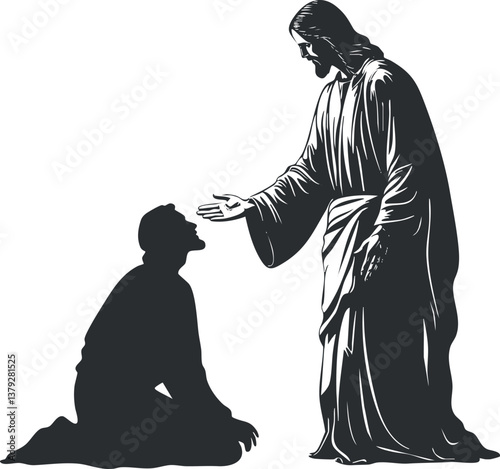 Silhouette of a kneeling figure reaching out to another standing in a gesture of guidance.