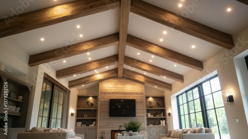 A living room ceiling with large open beams, natural wood textures, and soft downlights, creating a rustic yet modern atmosphere