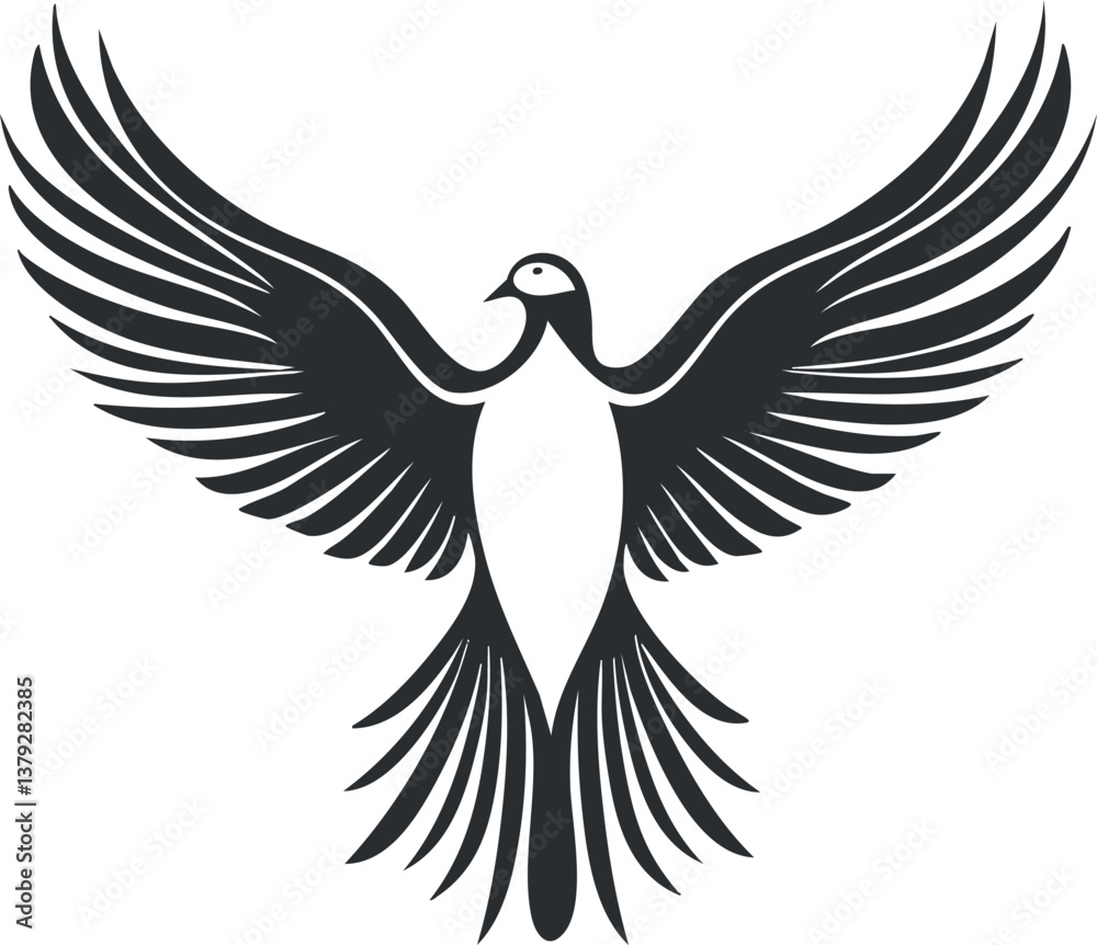 Obraz premium Black and white vector illustration of a mythical phoenix with outstretched wings.
