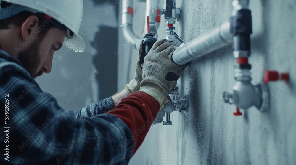 A construction worker securing pipes to a wall. Featuring attention to detail