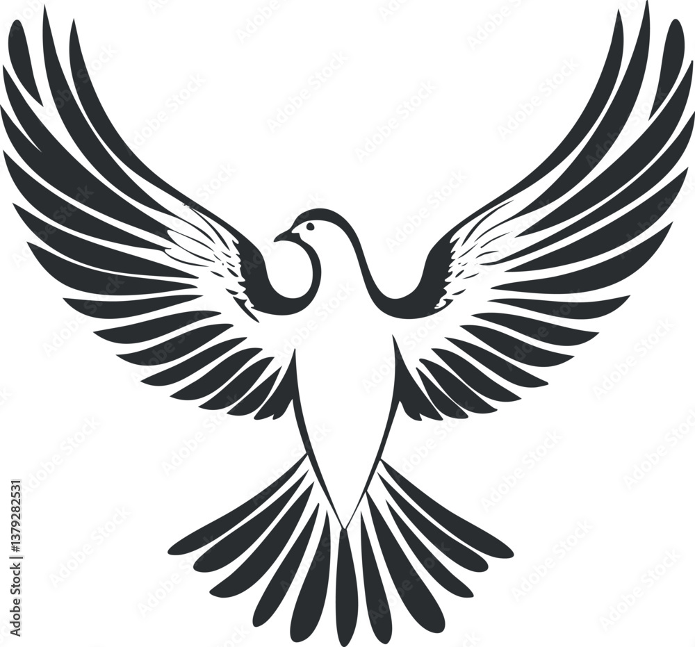 Fototapeta premium Black and white silhouette of a dove with outstretched wings representing peace and freedom.