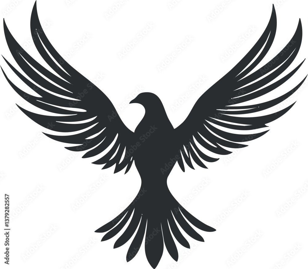 Black silhouette of a mythical phoenix with outstretched wings, symbolizing rebirth and freedom. Black silhouette of a mythical phoenix with outstretched wings, symbolizing rebirth and freedom.