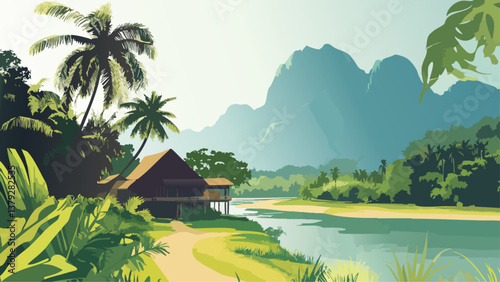 Vang Vien Laos with Limestone Mountains in Vector Art
