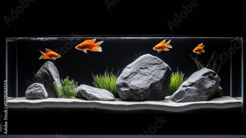 Aquarium with goldfish and rocks in clear water