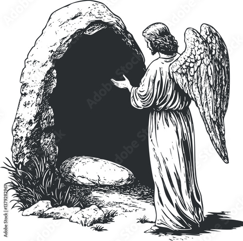 Black and white illustration of an angel with wings standing in front of a cave entrance.