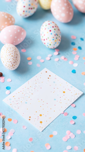 Colorful easter rhyming clue card amidst confetti and decorated eggs