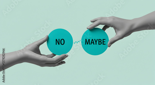 Two Hands Moving Teal Circles with No and Maybe on Pastel Blue Background