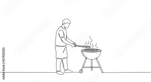 Minimalist Line Art: Person Grilling Barbecue Skewers with Elegant Simplicity