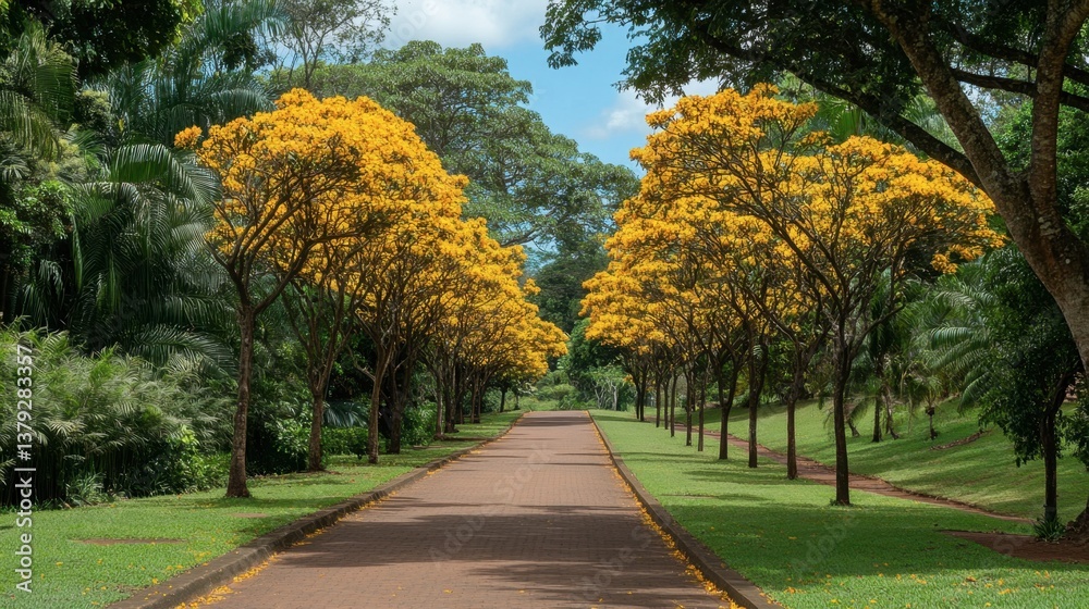 Naklejka premium Scenic pathway lined with vibrant yellow trees under blue sky