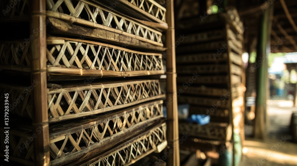 Obraz premium A stack of woven bamboo fish traps with intricate weaving patterns