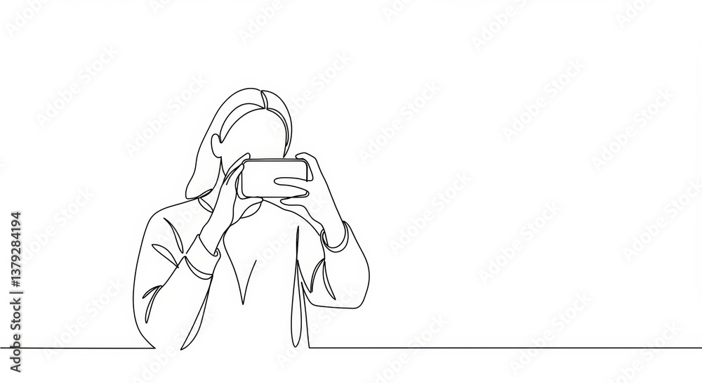 Minimalist line art: Woman captures a selfie with her smartphone in monochrome style Minimalist line art: Woman captures a selfie with her smartphone in monochrome style