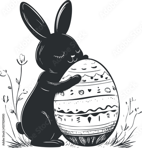 Cute black and white illustration of a bunny hugging a decorated Easter egg with flowers.