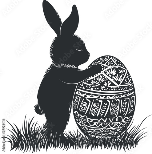 Silhouette of a bunny embracing a decorated Easter egg on grass, in black and white.