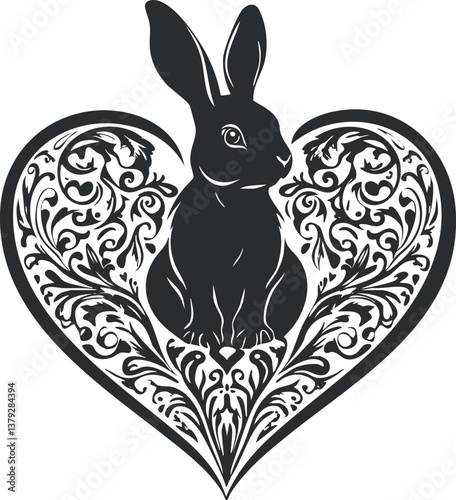Intricate black and white illustration of a rabbit within a heart-shaped floral design.