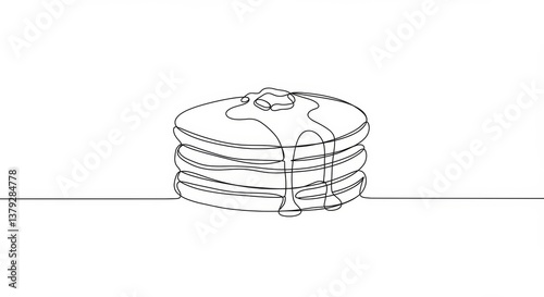 Minimalist pancake stack with syrup in a continuous line drawing on white