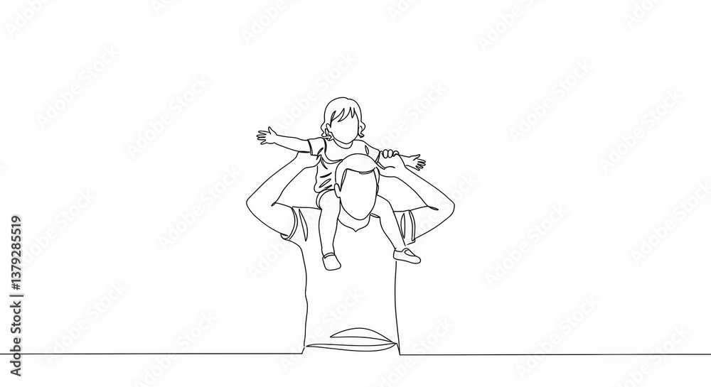 Obraz premium Continuous line art depicts a father and child bonding on a clean white background