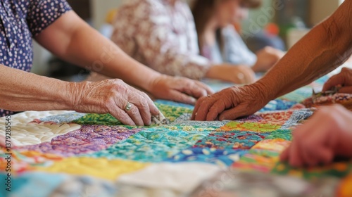 Close-up of hands of senior women quilting together.