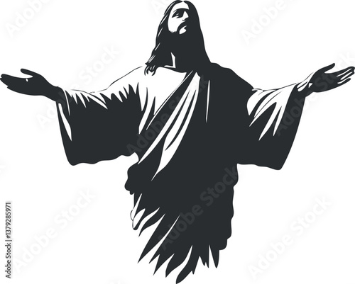 Silhouette of Jesus with open arms, symbolizing faith and divinity in Christianity.