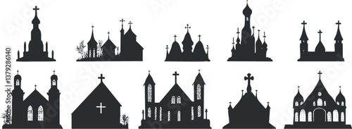 Silhouettes of various church architectures with crosses, showcasing diverse religious structures.