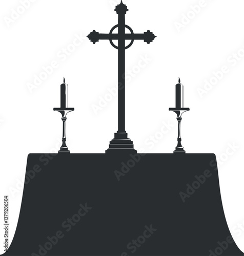 Silhouette of an altar with a cross and candles, symbolizing religious worship and ceremony.