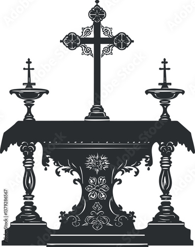 Illustration of an ornate altar with a central cross and two candlesticks on either side.