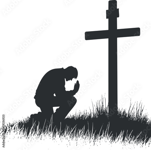 Silhouette of a person kneeling in prayer beside a cross, symbolizing faith and devotion.