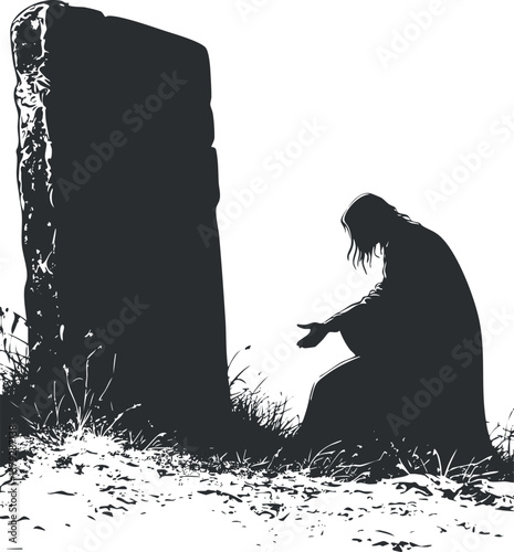 Silhouette of a person kneeling by a tombstone, symbolizing grief and reflection in solitude.