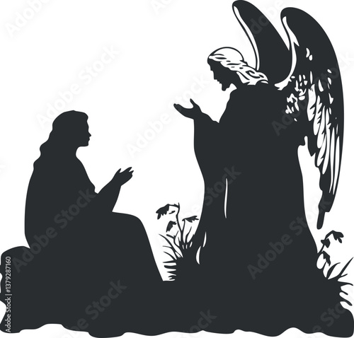 Silhouette of an angel with wings speaking to a seated person in a serene setting.