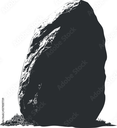 Silhouette of a large boulder with textured surface isolated on a white background.