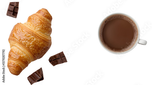 Delicious Fresh Croissant with Hot Chocolate on Transparent Background for Food and Beverage Concepts