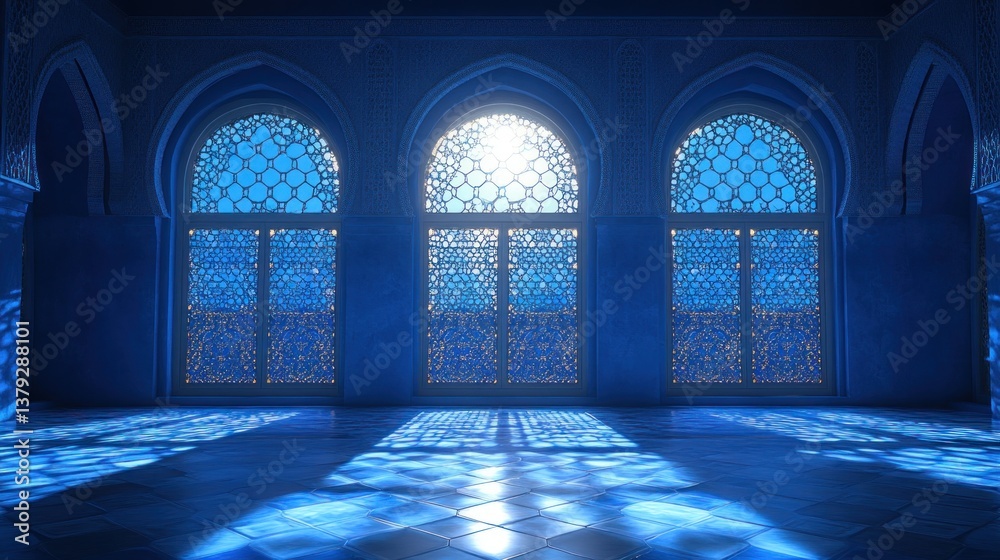 Islamic Stained Glass Window Moonlight in Mosque Interior for Ramadan Celebration Islamic Stained Glass Window Moonlight in Mosque Interior for Ramadan Celebration