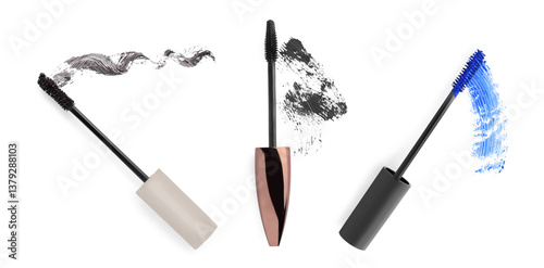 Different mascara strokes and brushes on white background, set. Top view