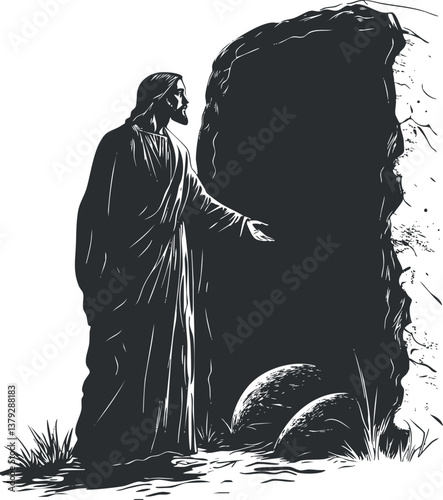 Illustration of a biblical figure emerging from a tomb, symbolizing resurrection and spirituality.