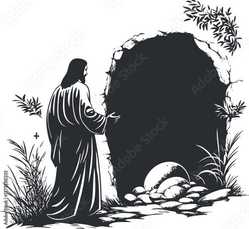 Illustration of Jesus standing before an open tomb, symbolizing resurrection and hope.