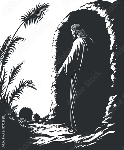 Silhouette of Jesus emerging from a cave, symbolizing resurrection and spiritual rebirth.