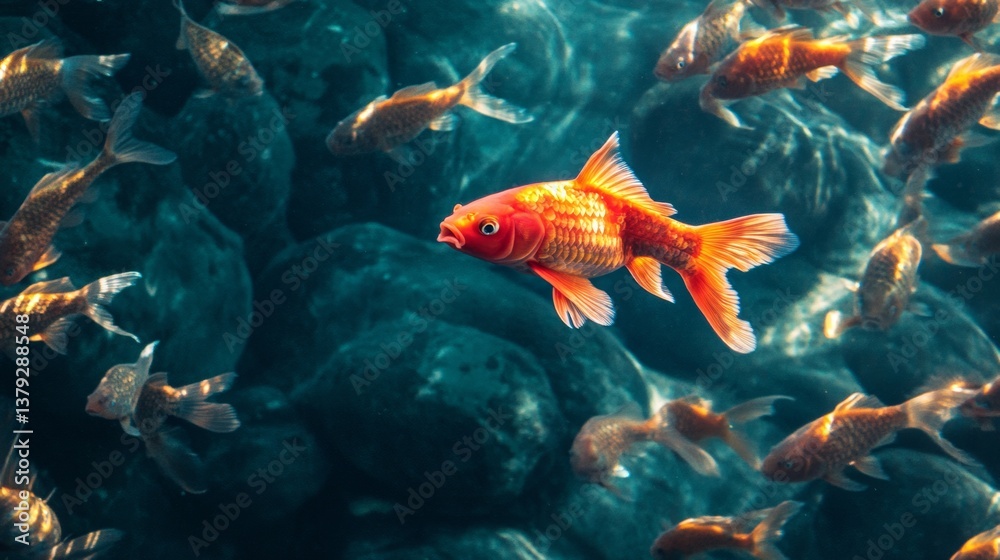 Dense school of goldfish swimming underwater