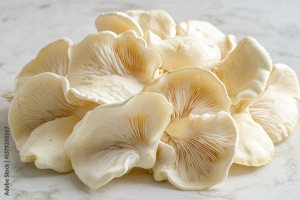Oyster Mushroom Pile Close-up on Marble Surface with Natural Light Oyster Mushroom Pile Close-up on Marble Surface with Natural Light