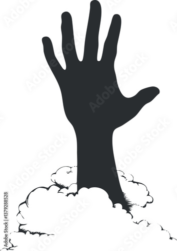 Silhouette of a hand emerging from the ground, creating a spooky and mysterious atmosphere.