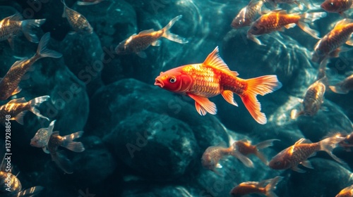 Obraz na płótnie Dense school of goldfish swimming underwater w salonie