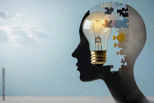 Obraz na płótnie On World Intellectual Property Day, a creative concept is illustrated, showcasing the fusion of a light bulb and puzzle pieces symbolizing innovative ideas and the essence of intellectual property w salonie
